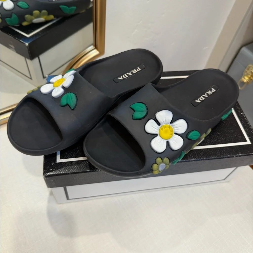 Prada Black Floral Women's Slides - Picture 1 of 5
